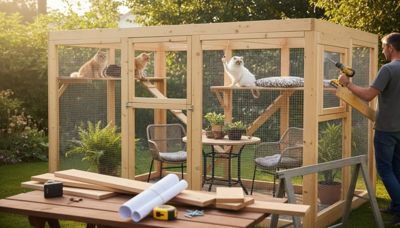 Udvidet kattevoliere med nyt træskelet, bord og stole, hvor katte slapper af indeni.