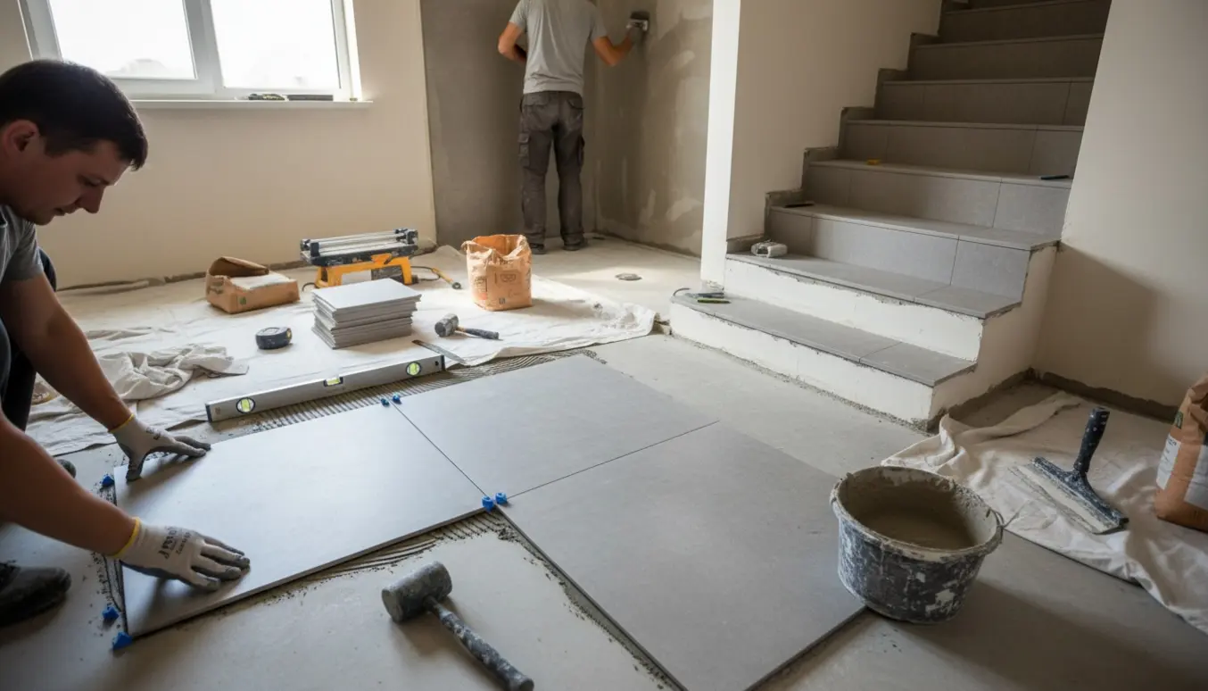 Håndværkere lægger 60x60 cm klinker i badeværelse og entré med trappe og vådrumsmembran.