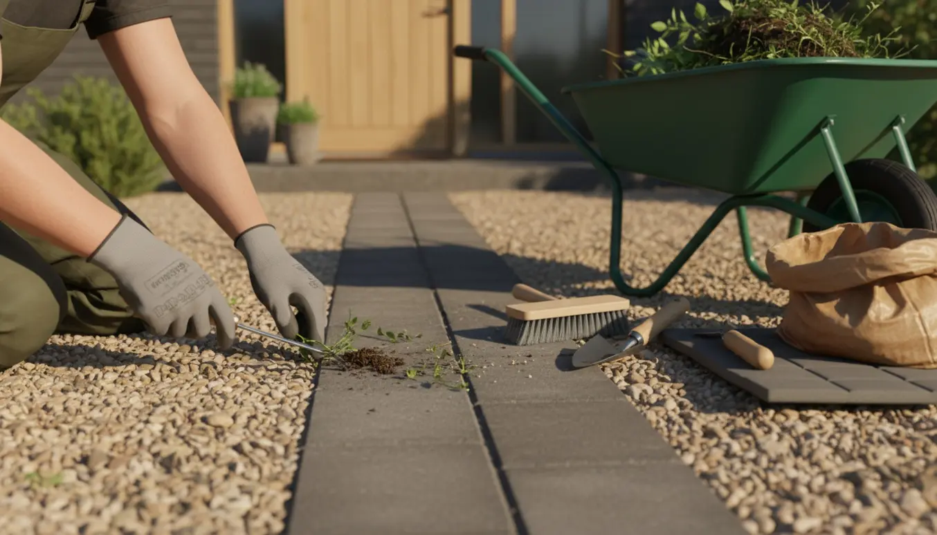 Hænder fjerner ukrudt mellem fliser og perlesten og læsser haveaffald i en trillebør.