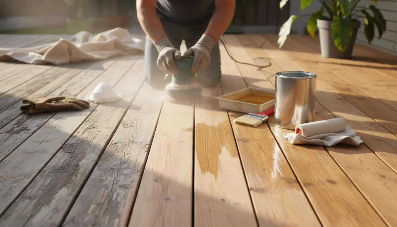 Træterrasse under slibning og behandling med olie, med sliberedskab og olie i fokus.
