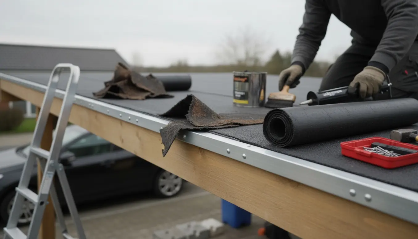 Reparation af tagpap på en carport, tæt på kanten med rulle, primer og metalafslutning, ingen tydelige ansigter.