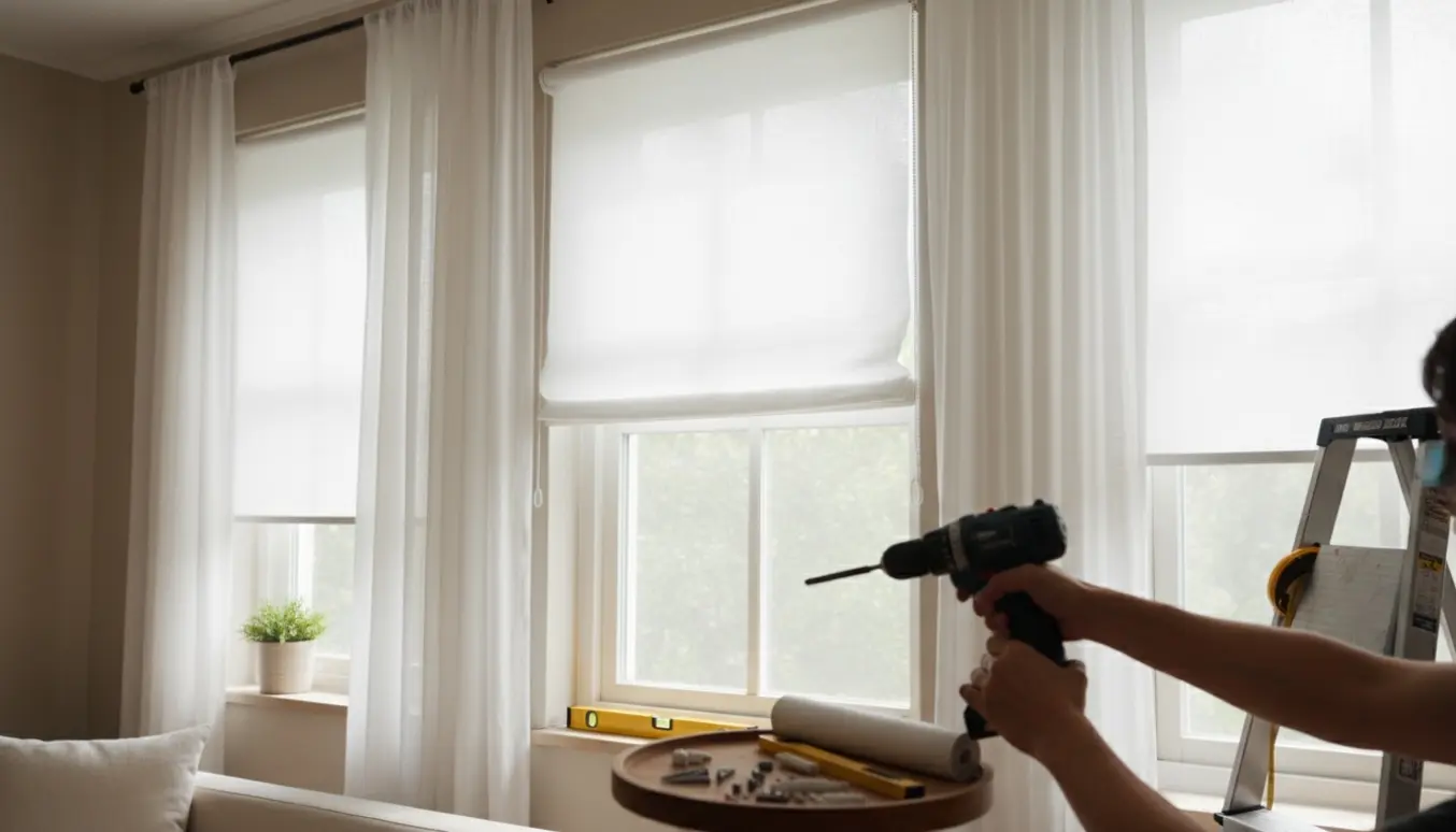 Nærbillede af hænder, der monterer rullegardiner på tre vinduer med værktøj og uden synlige ansigter.
