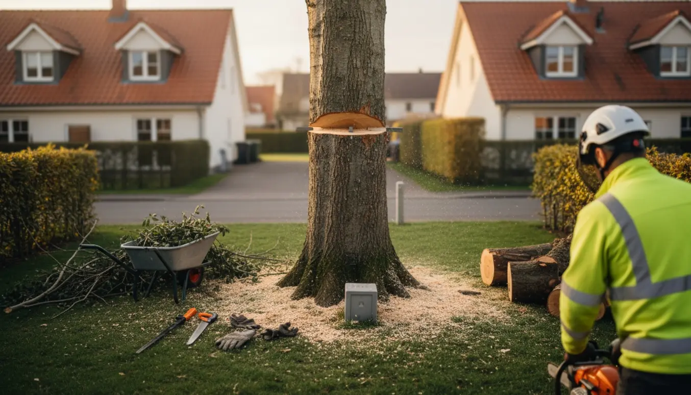 Fældning af stort træ i forhave med arbejdere, grene samlet og en elektronikboks ved træets rod.
