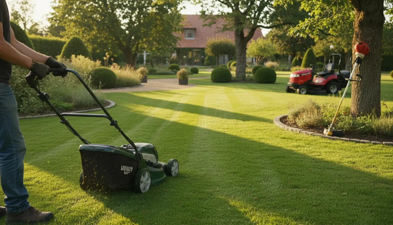 Plæneklipper i arbejde på en stor haveplæne med træer og buske.