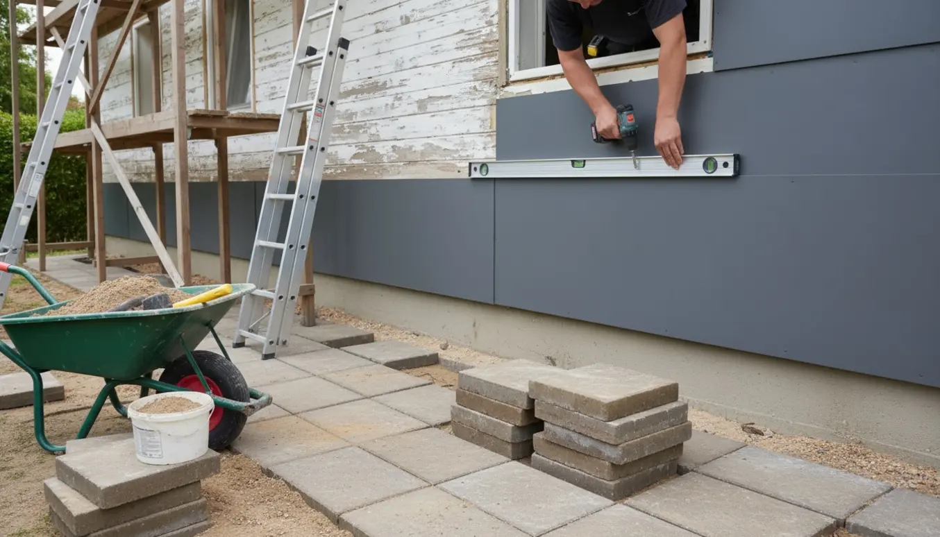 Hus under renovering med plastikpaneler under montering og bunker af 20x20/30x30 fliser klar til lægning.
