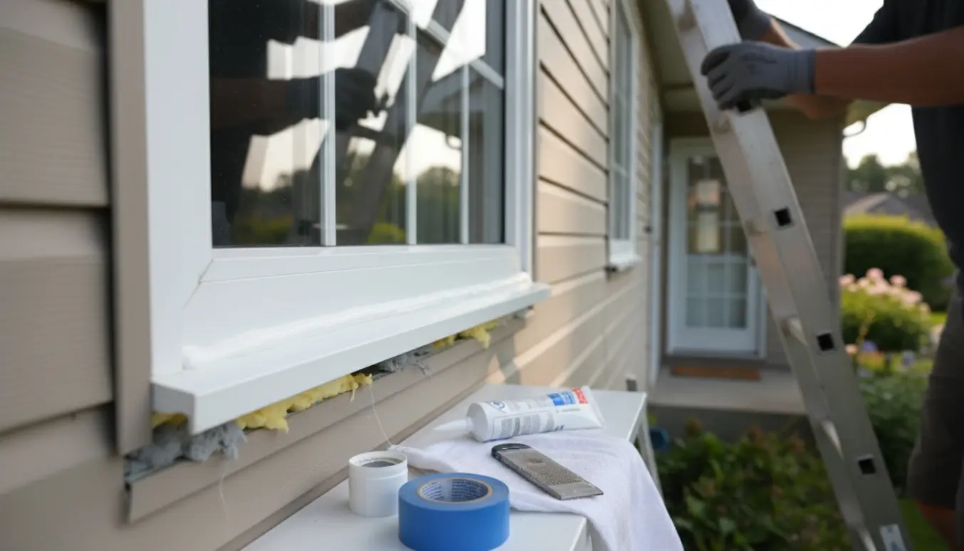Udvendig ved huset: en hånd på en stige fugefylder og glatter fugemasse rundt om et vindue, med skum- og Rockwool-rester ved siden af.