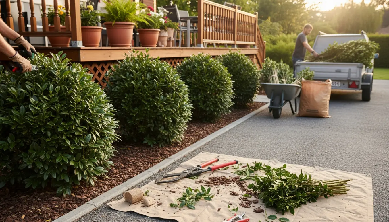 Beskæring af fire kirsebærlaurbærbuske ved en indkørsel med afklippede grene samlet i trillebør og trailer.