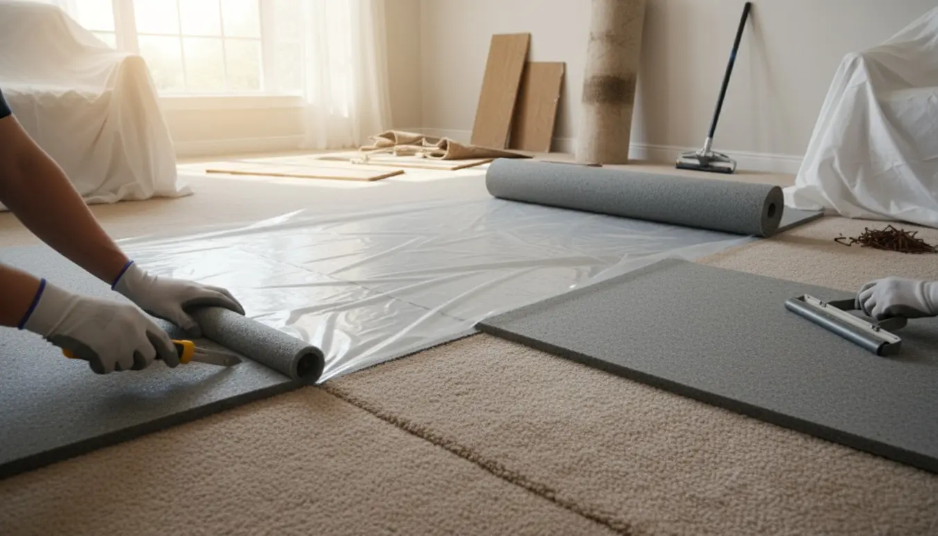 Forberedelse til montering af nyt gulvtæppe med støjdæmpende plader og dampspærre i et lyst rum, værktøj og rullet gammelt tæppe ligger klar.