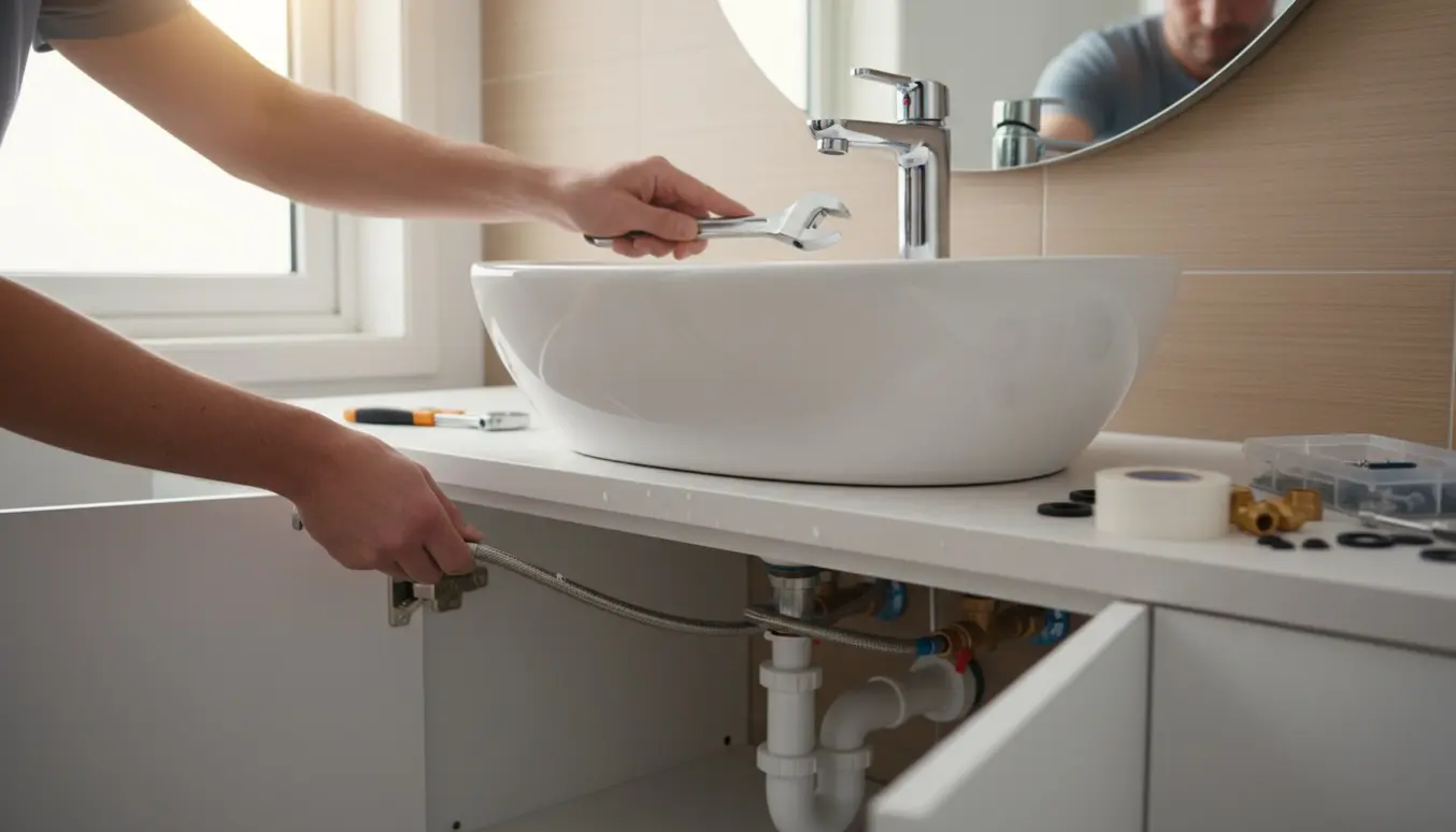 Hænder installerer et nyt sensorarmatur på en håndvask med åbent underskab og synlige rørtilslutninger.
