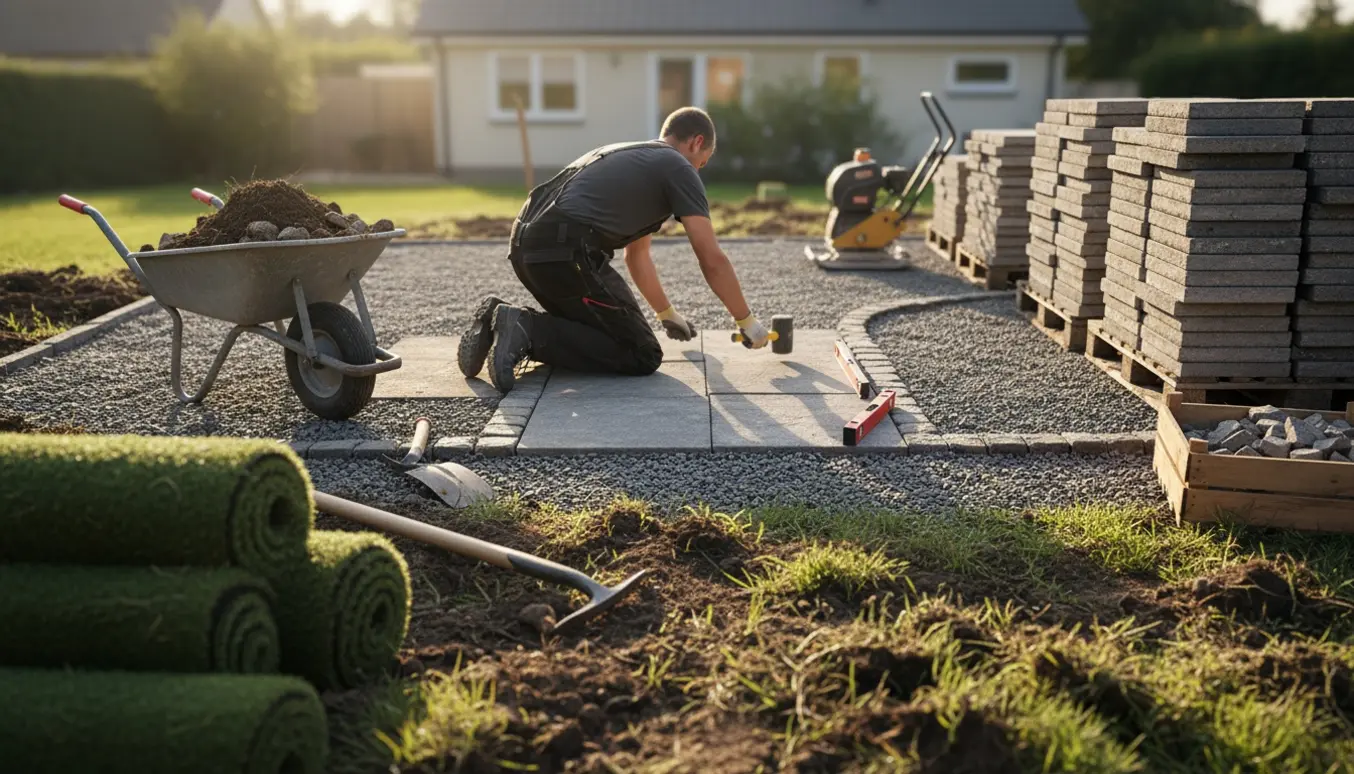 Baghave under ombygning til gårdsplads med kvadratiske fliser, brosten og byggeværktøj.