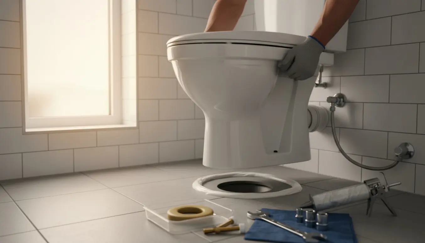 Håndværker monterer et nyt hvidt toilet i et lille badeværelse med værktøj og afspærringsventil synlig.