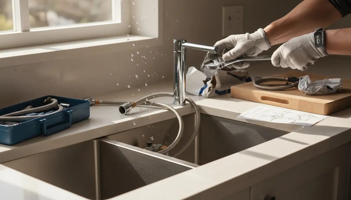 Hænder installerer et nyt krom køkkenarmatur over en rustfri stålvask med værktøj og dele på bordpladen.
