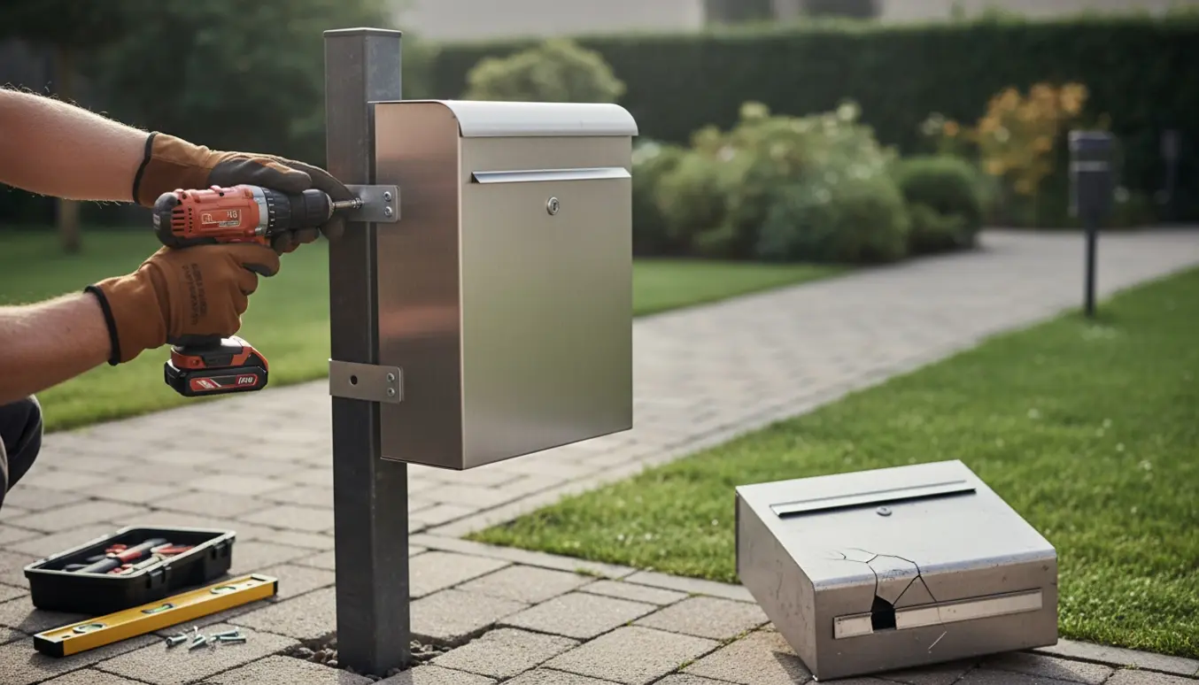 Ny Allux-stil postkasse monteres på en intakt stander af en person med handsker og skruemaskine.