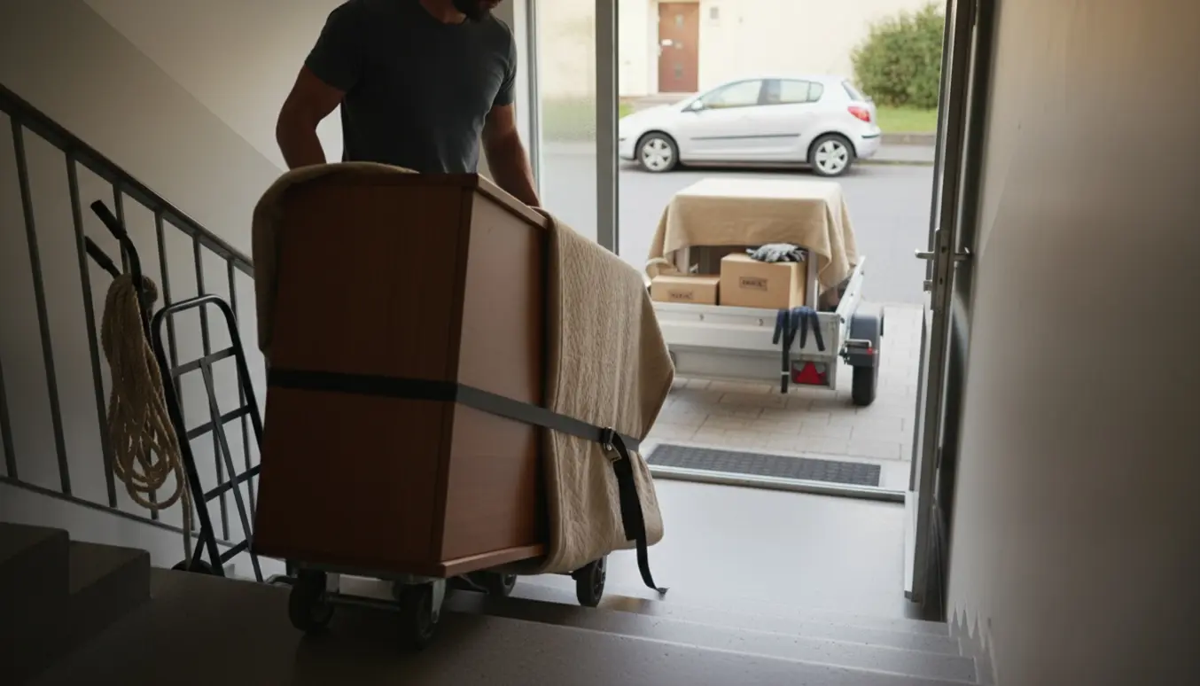 Flytning: møbler og kasser bæres ned ad trappe og læsses i en trailer ved en parkeret bil.