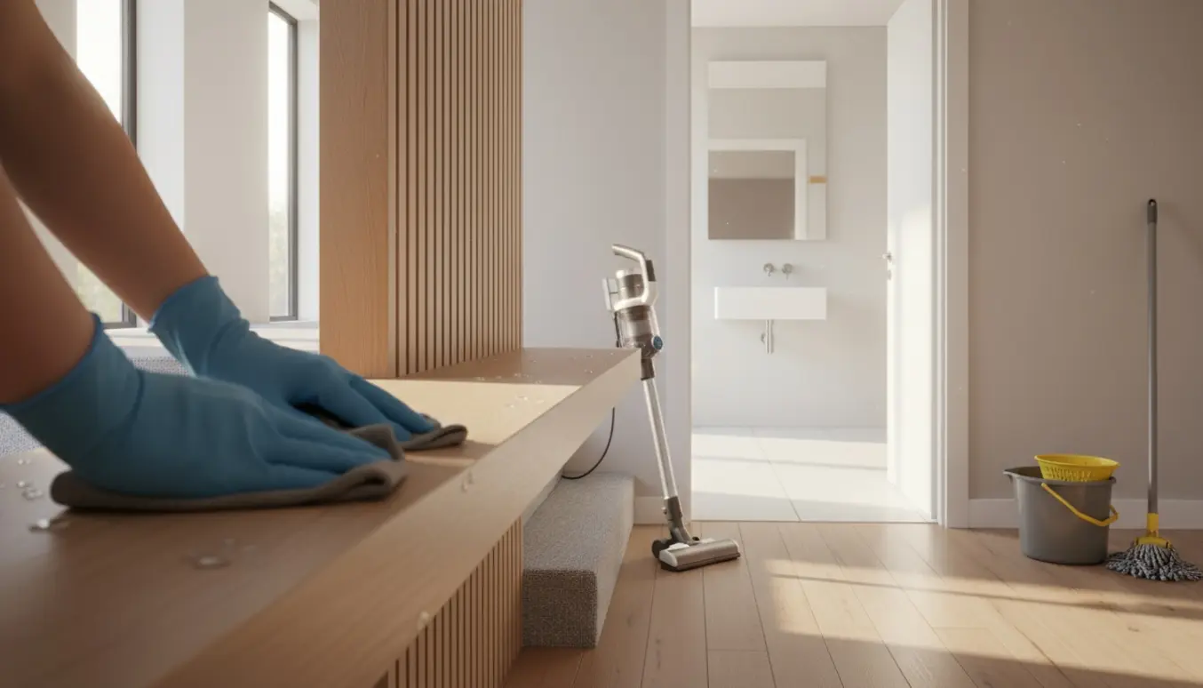 Handskerede hænder tørrer støv af en hylde med støvsuger og moppe i et lyst hjem, skinnende badeværelse i baggrunden.