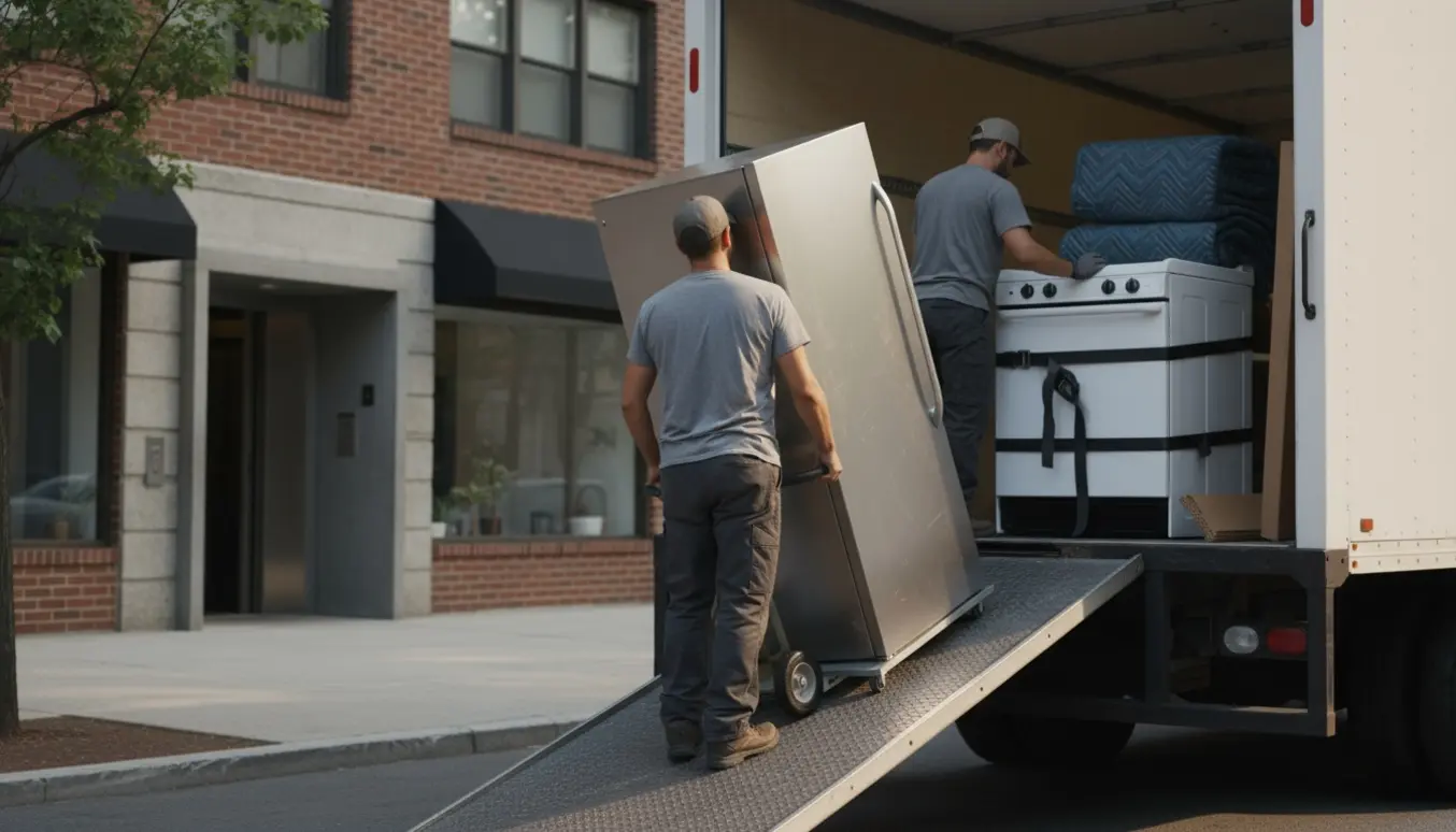 To flyttemænd læsser et køleskab og et indpakket komfur på en varevogn foran en boligopgang med elevator.