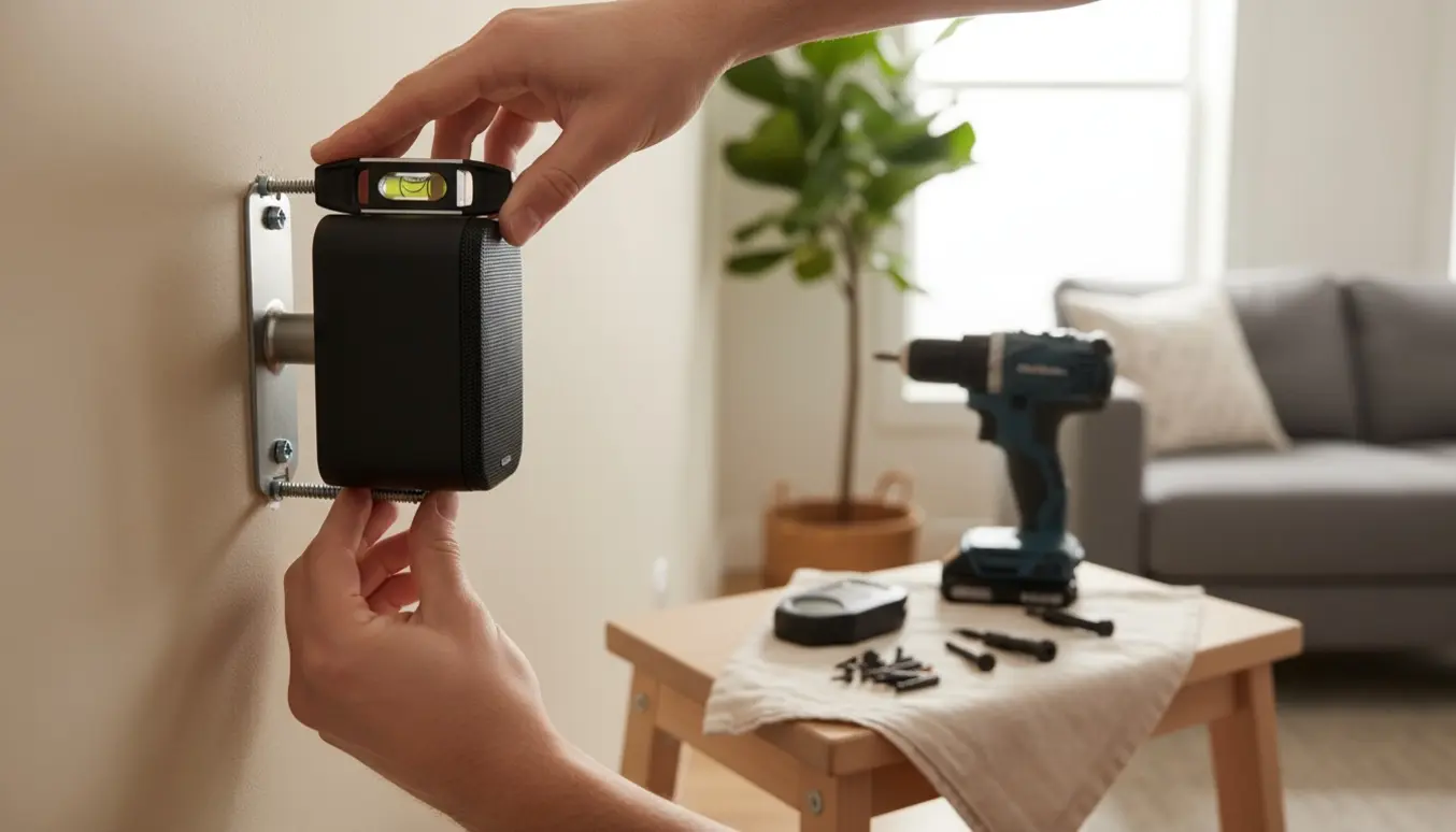 Nærbillede af hænder, der monterer en sort trådløs højttaler på væg med metalbeslag og toggle-vægankre.