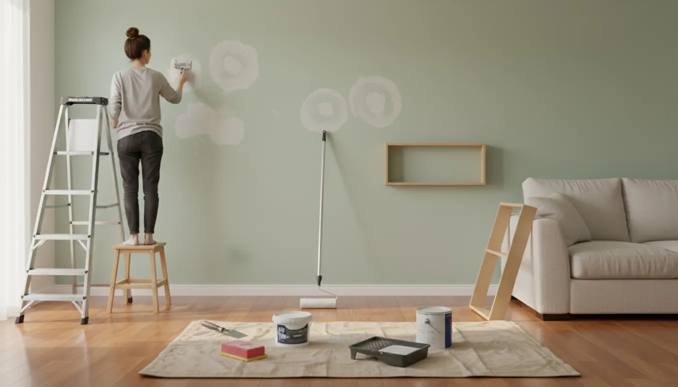 Fjernede boghylder og værktøj foran en lysegrøn væg, hvor huller er spartlet klar til maling.