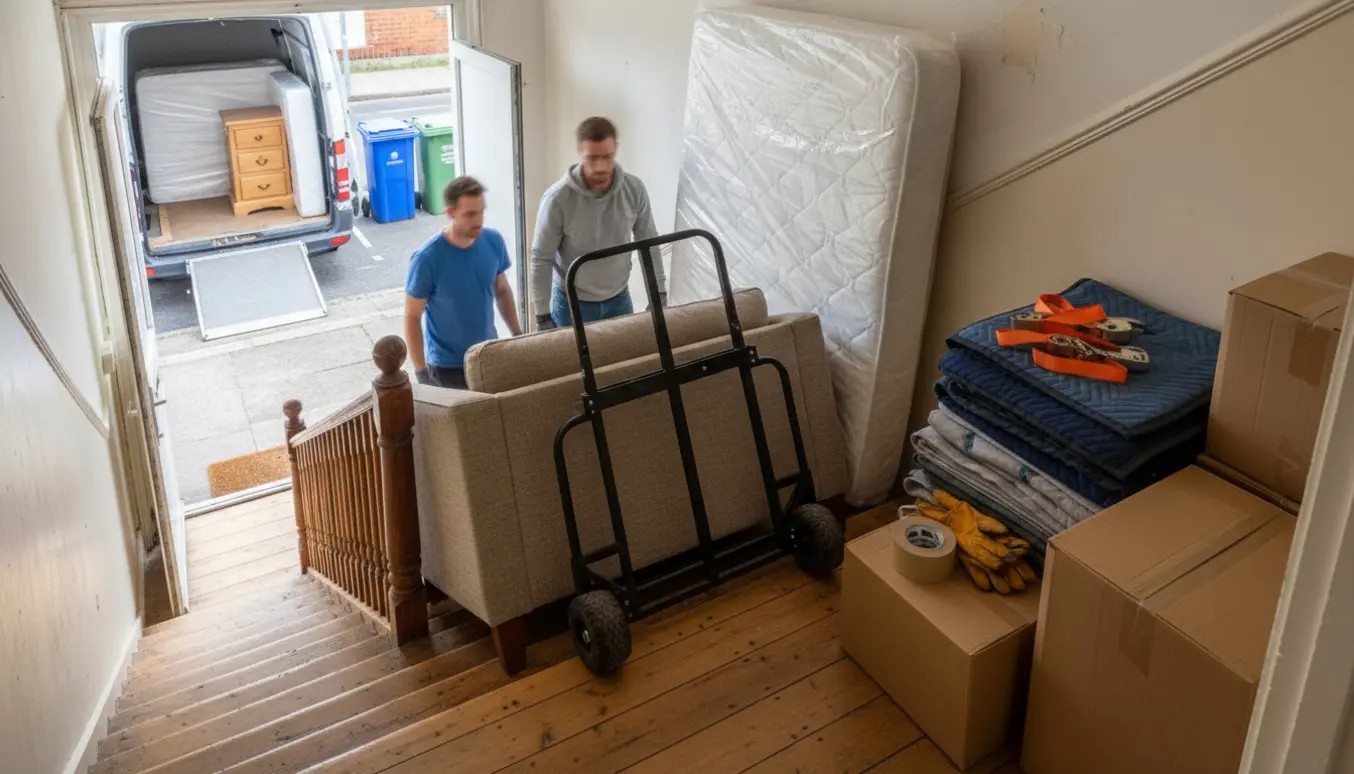 Sofa og pakket seng flyttes ned ad trapper i et rækkehus med en varevogn klar udenfor.