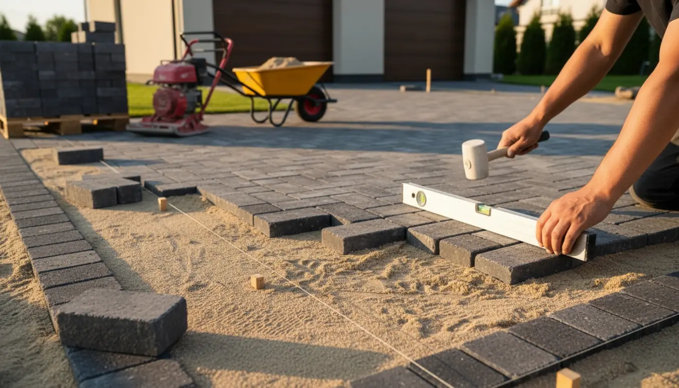 Delvist færdig indkørsel under flisebelægning med værktøj og stabler af fliser i aftenslys.