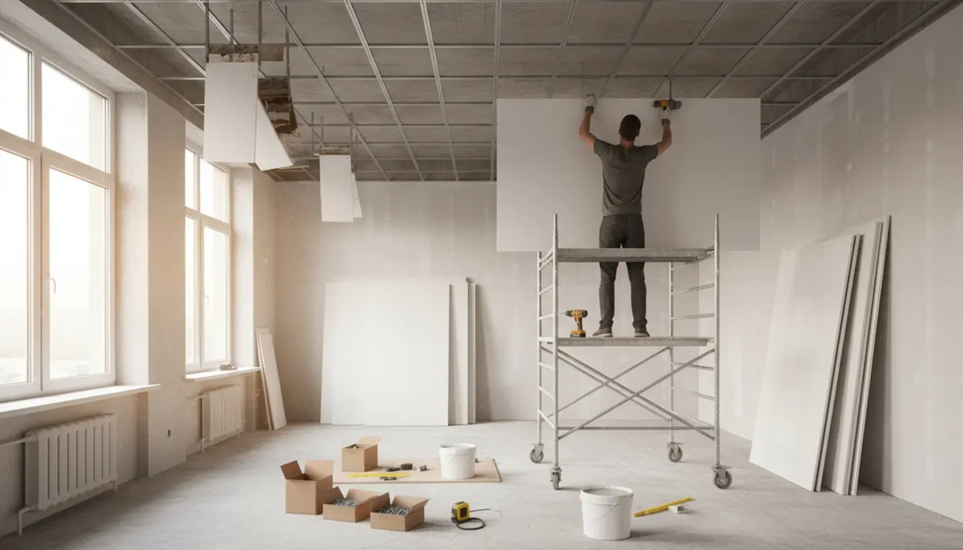 Person på stillads monterer nyt gipsloft i et lyst rum, mens det gamle profilloft er delvist fjernet.