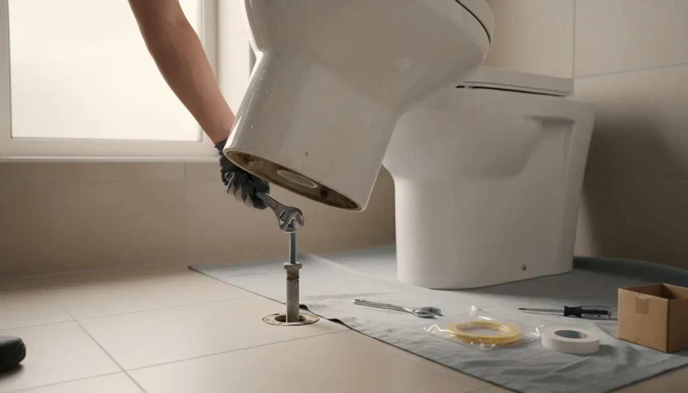 Installatør udskifter et gammelt toilet med et nyt hvidt porcelænstoilet i et lyst badeværelse.