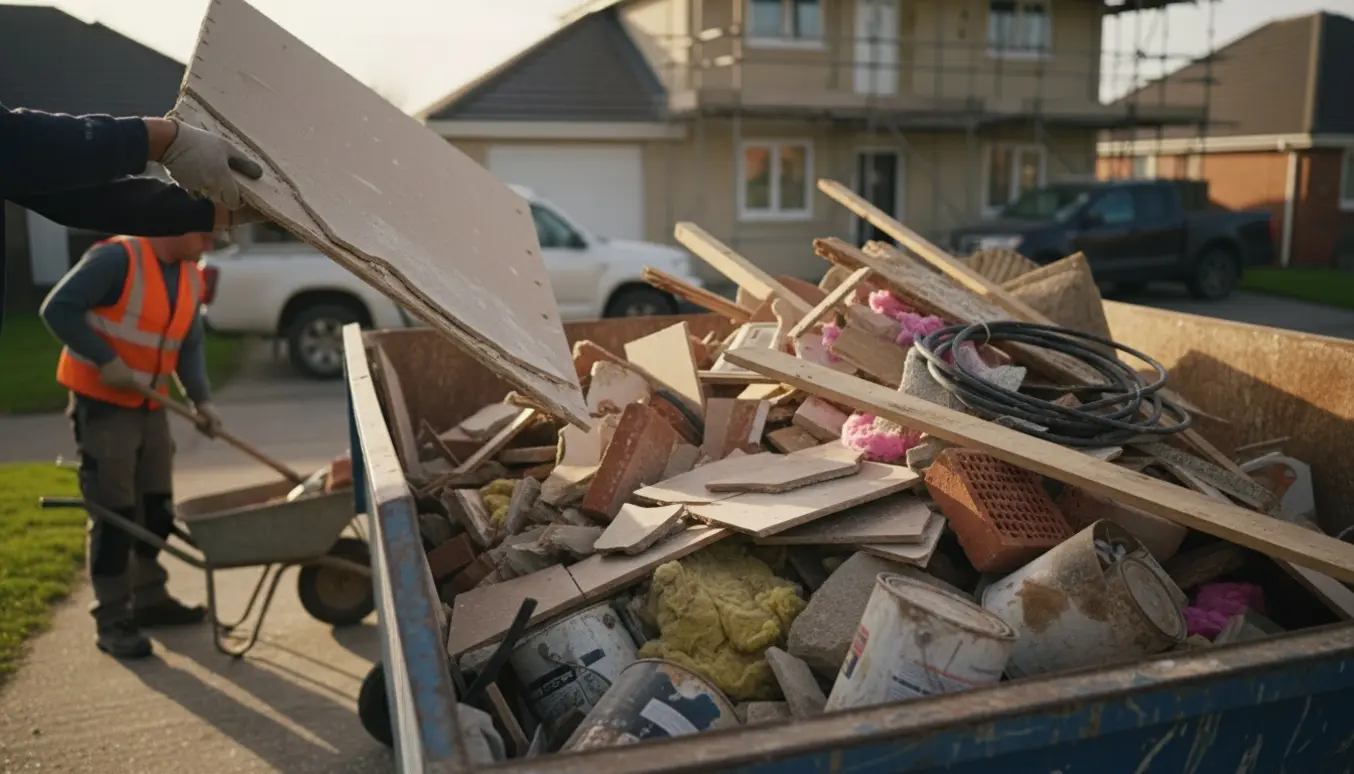Blandet byggeaffald læsses i en åben container på en indkørsel, set bagfra uden synlige ansigter.