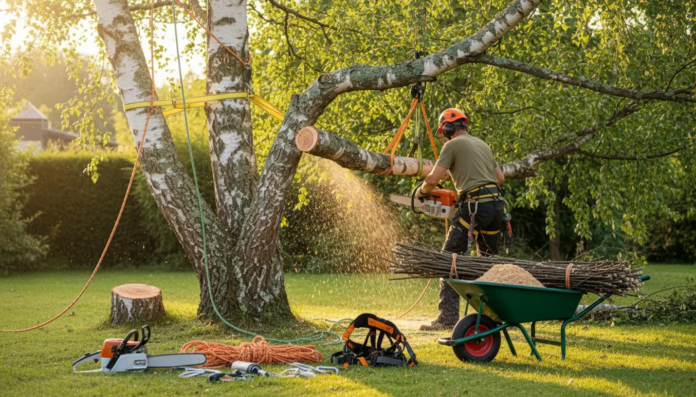 Fældning af en høj gammel birk i en have med rigging, motorsav og bunke af afskårne grene.