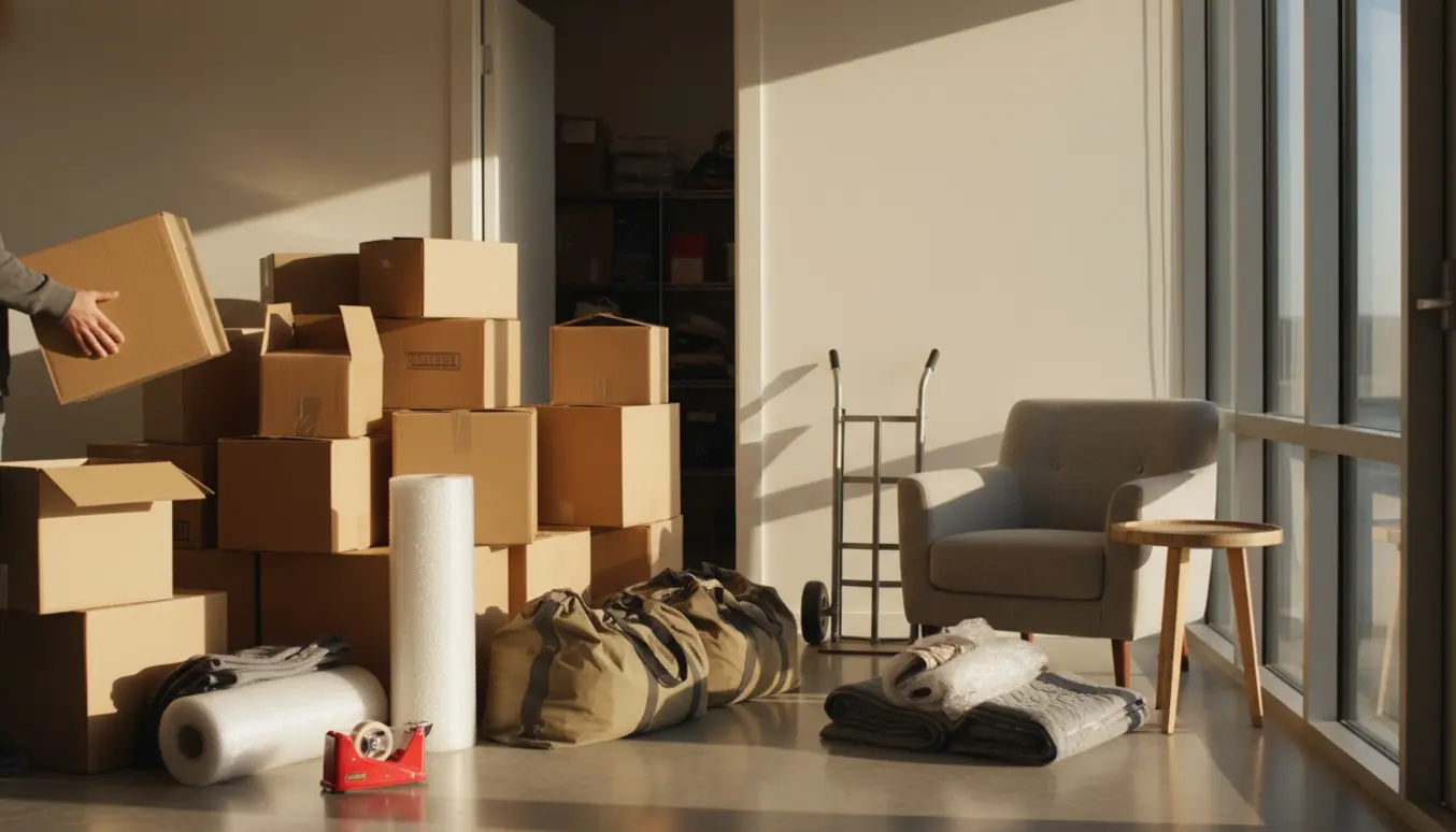 Stakke af flyttekasser, sække og et par møbler i en lys lejlighedsentré klar til at blive båret ind fra lager.