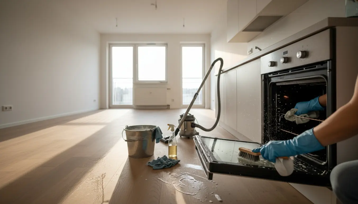 Tom lejlighed med åben ovn og rengøringsudstyr mens en person uden synligt ansigt gør grundig fraflytningsrengøring.