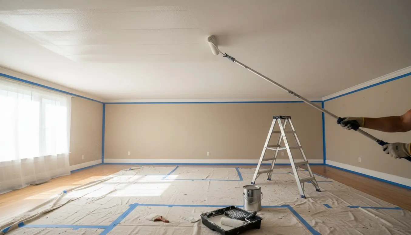 Hænder maler et hvidt loft med rulle, mens gulv og møbler er afdækket.