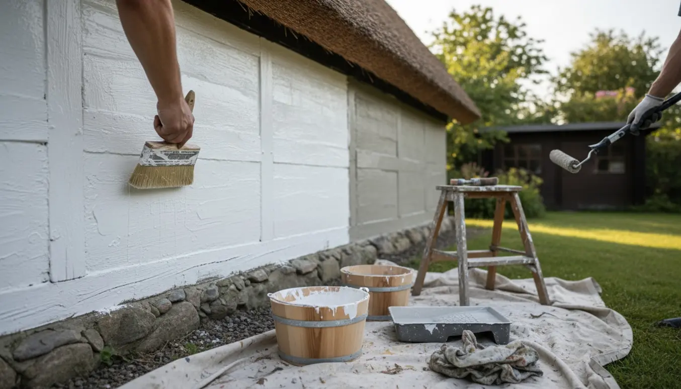 Stråtækt gård under hvidning, hvor soklen males og malerværktøj ses i forgrunden.