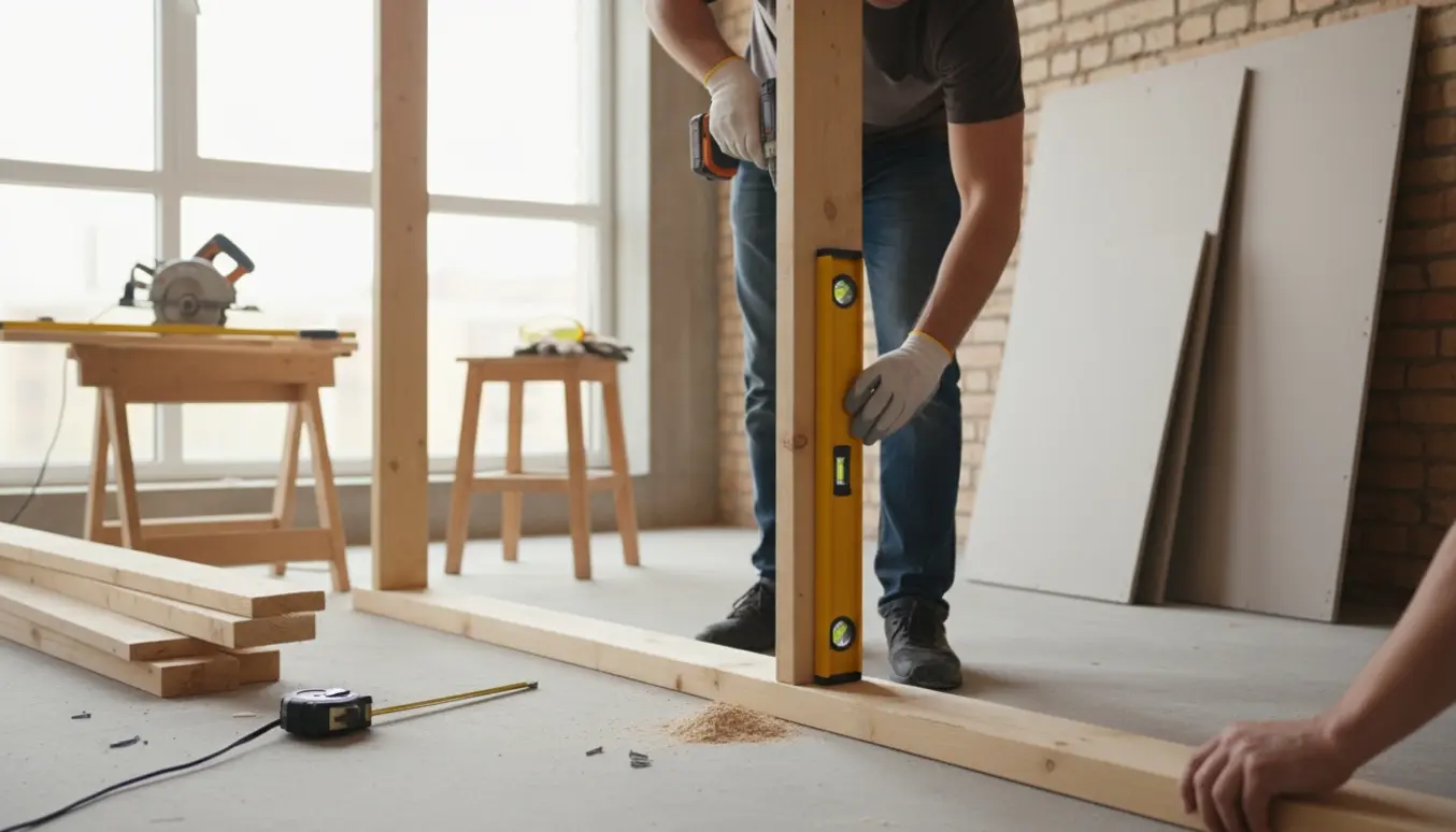 Nærbillede af hænder, der monterer et træ-skelet til en gipsvæg i en lys lejlighed.