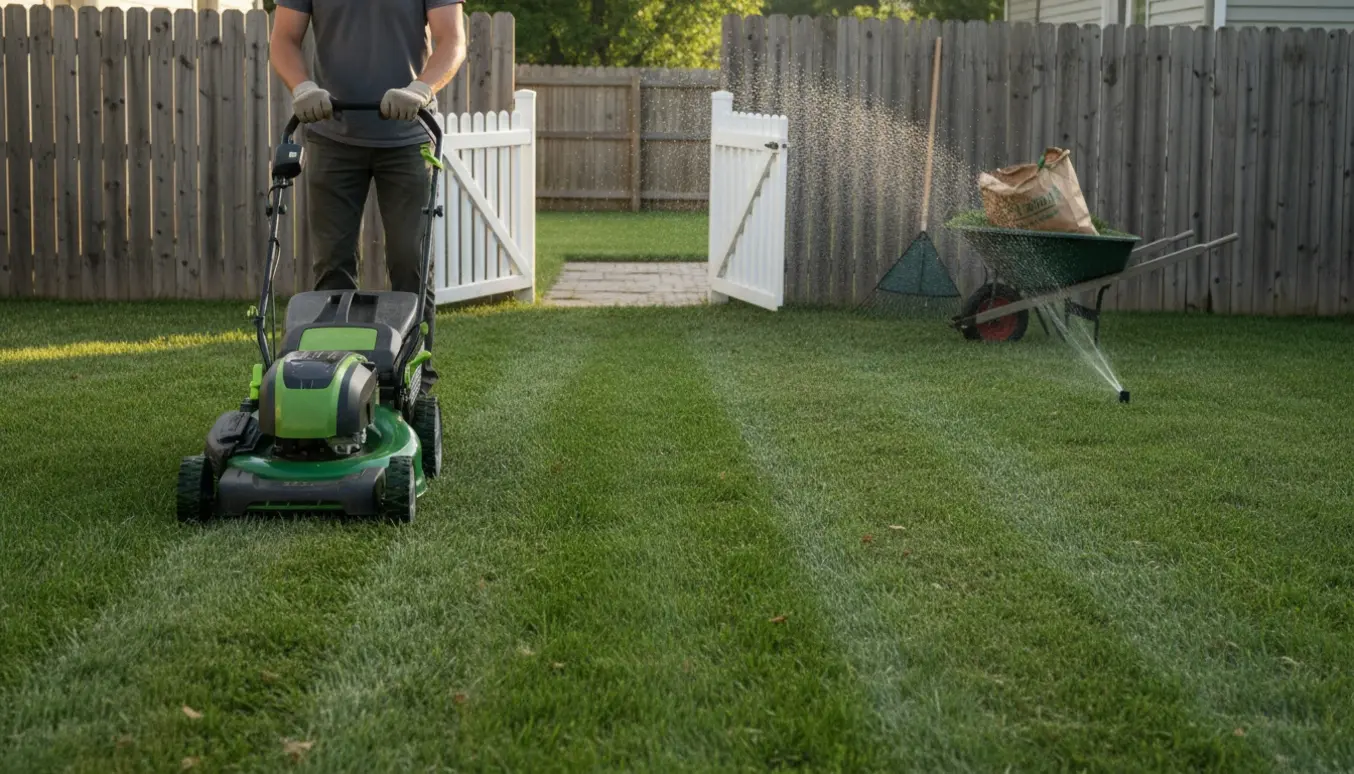 Nyklippet græs foran huset med plæneklipper og baghaven synlig gennem en åben port.