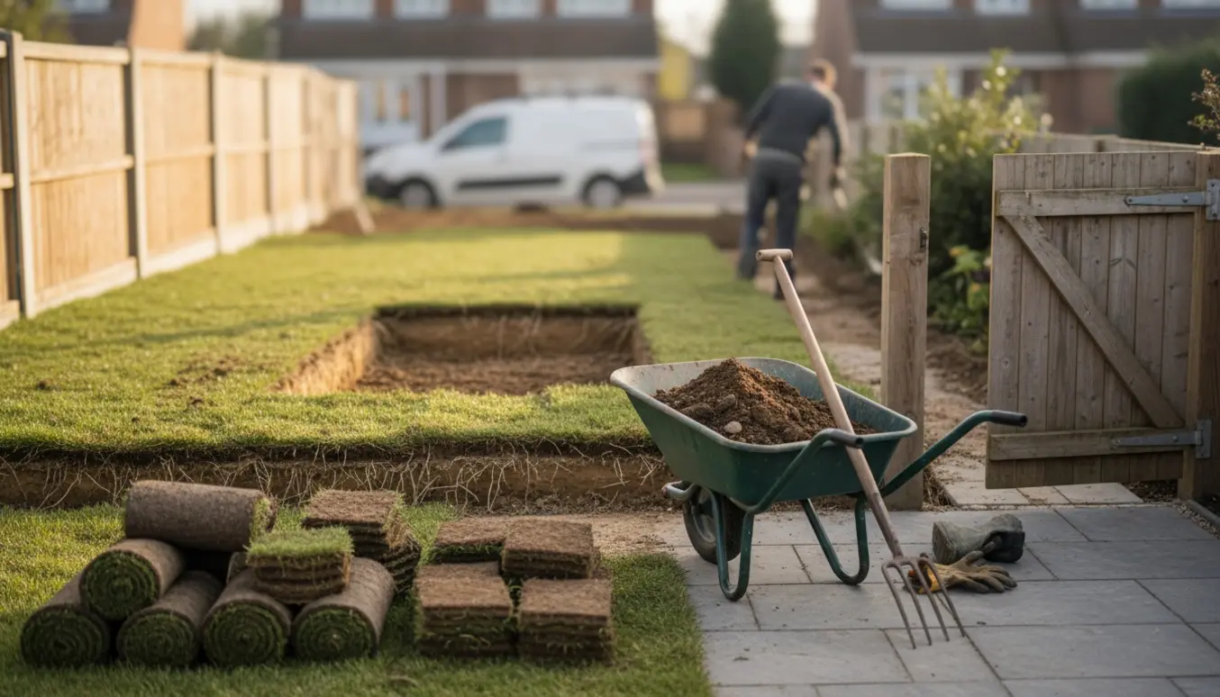 Baghave hvor tørv og øverste jordlag fjernes, lagt i trillebør klar til bortkørsel gennem en smal havedør.