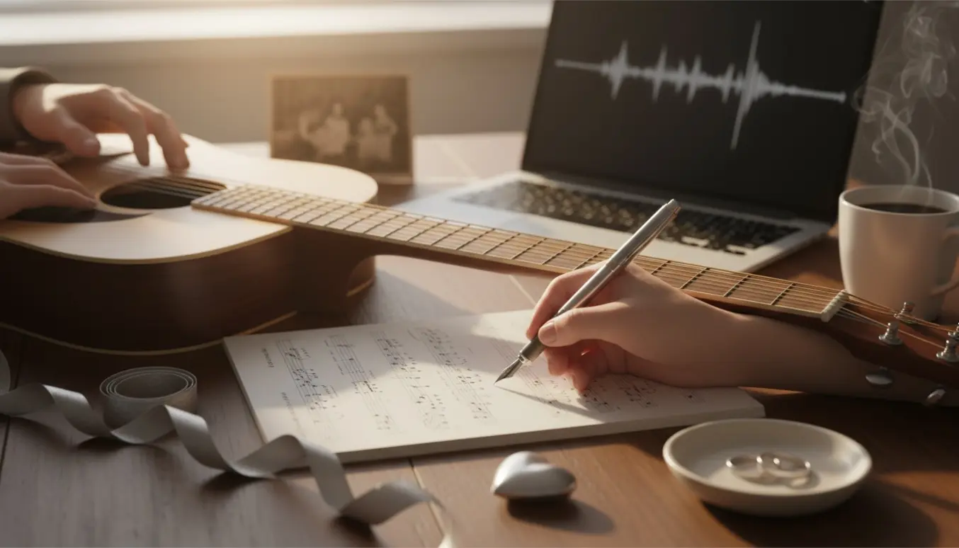Nærbillede af hænder, der skriver en personlig sang til forældrenes sølvbryllup med guitar, sølvbånd og vielsesringe på bordet.