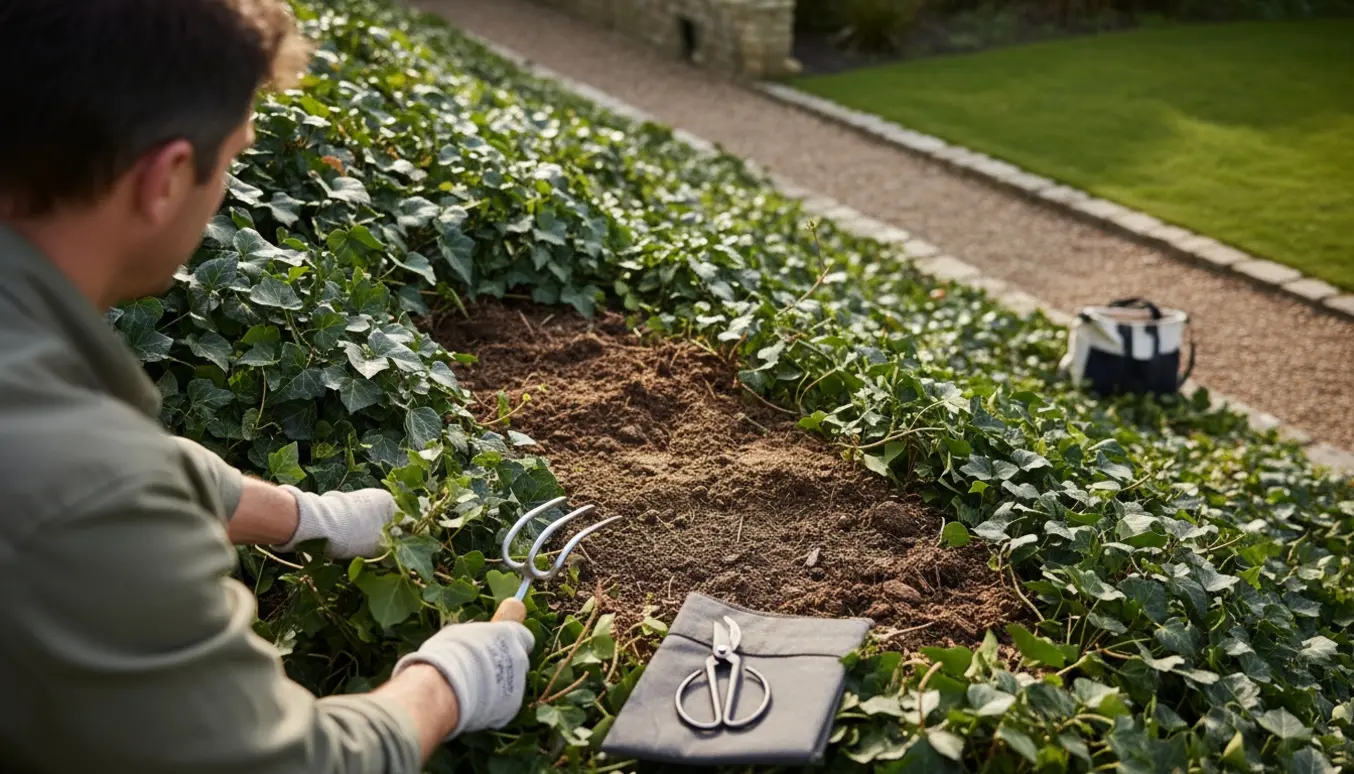 Person luger tæt efeubed på en stejl skråning med handsker og haveredskaber, ansigt ikke synligt.