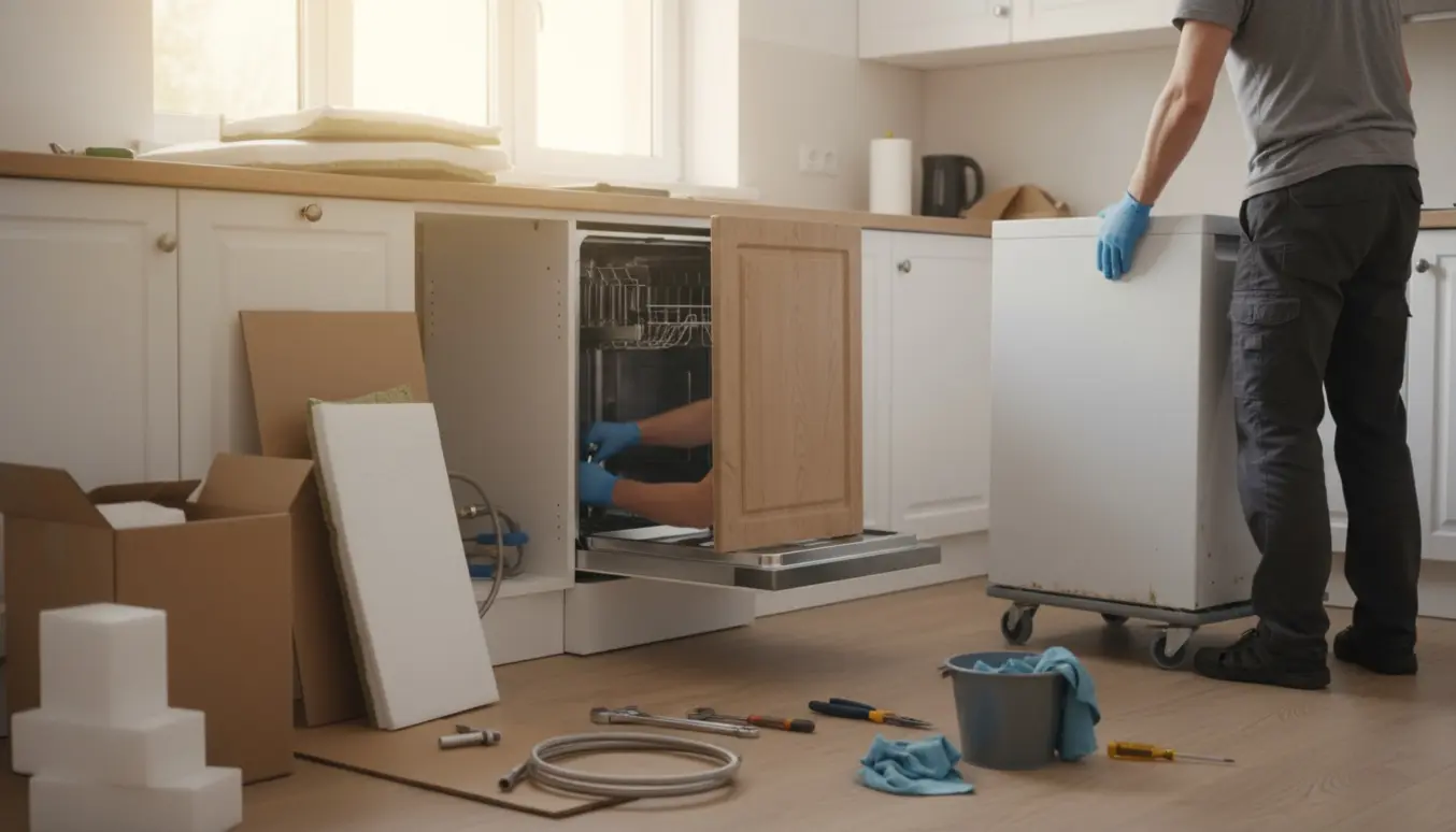 En integreret opvaskemaskine udskiftes i et køkken, den nye glides ind mens den gamle gøres klar til afhentning og emballage er foldet sammen.