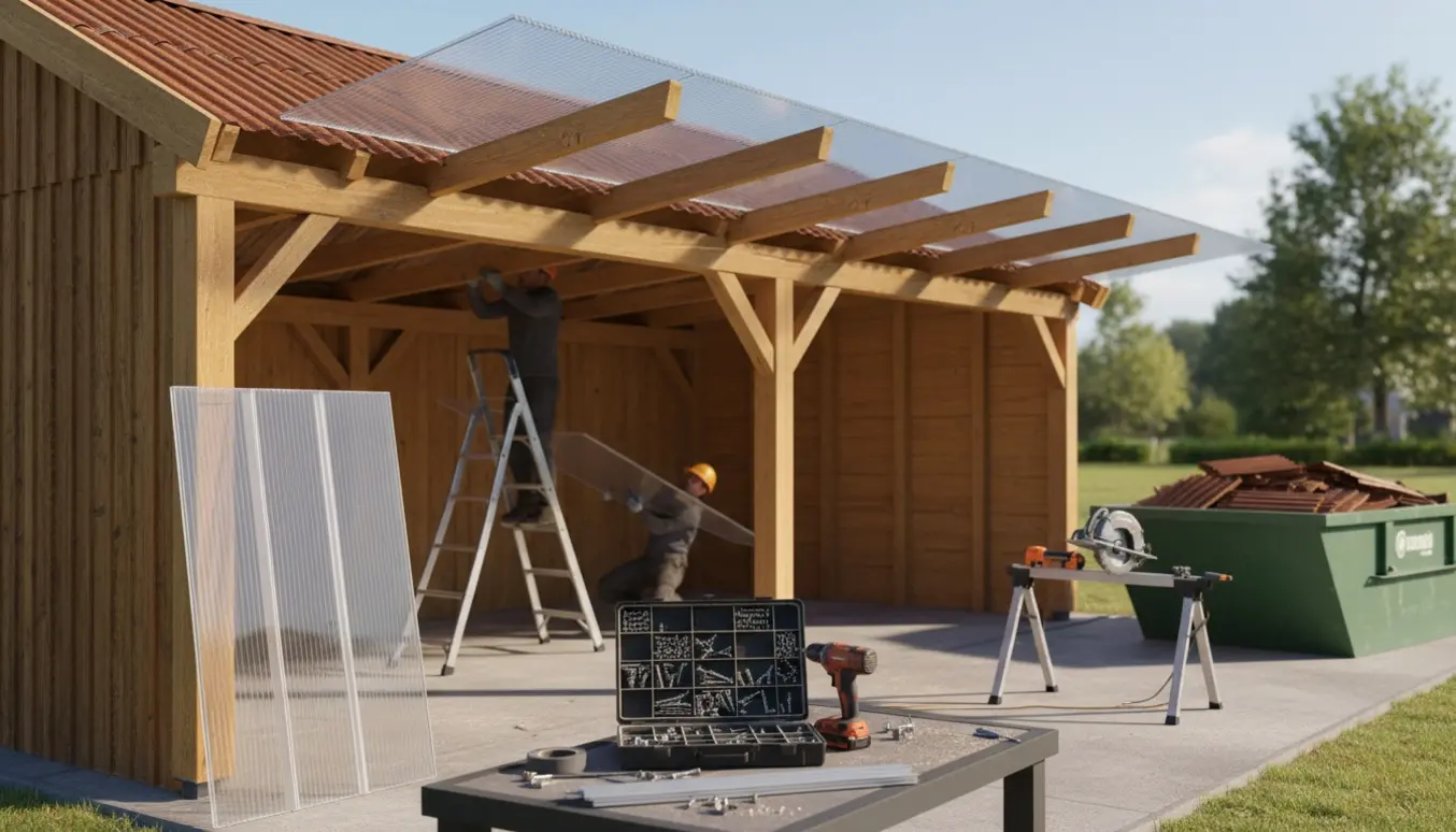 Carport og terrasse under udskiftning af gammelt tag med klare 2-lags termoplader og byggeværktøj.