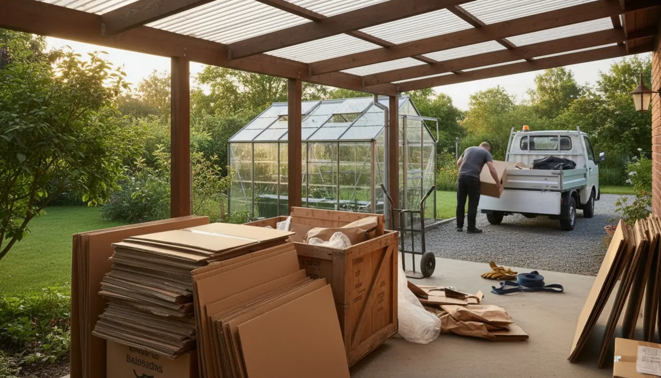 Overdækket terrasse med stakke af flade papkasser, en trækasse og et åbent kasse-/trailerrum klar til at køre affald væk.