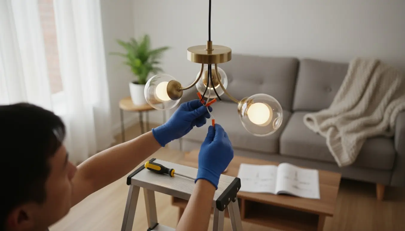 Montering af en loftslampe i en stue med stige, værktøj og hænder, der forbinder ledninger.