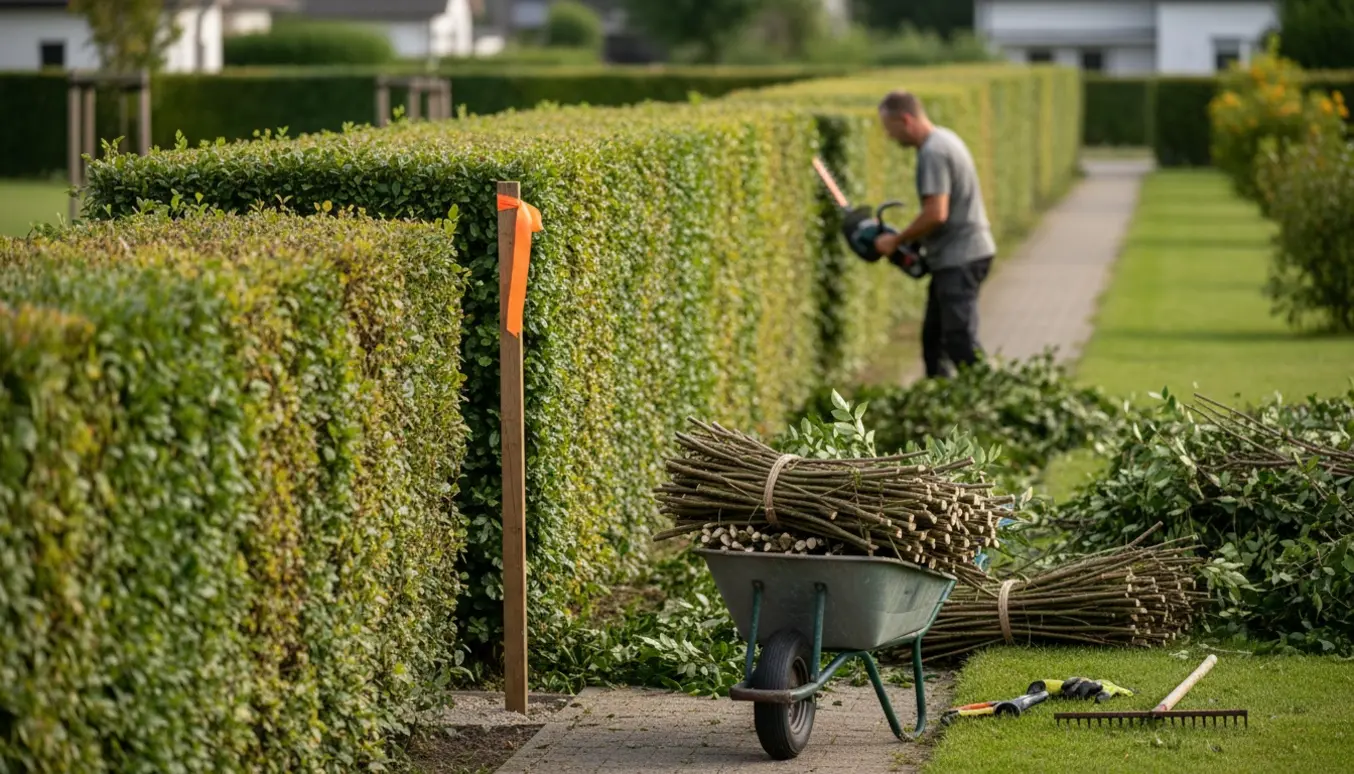 En havearbejder set bagfra trimmer en lang hæk til cirka 1,8 meter med afklip samlet i en trillebør.