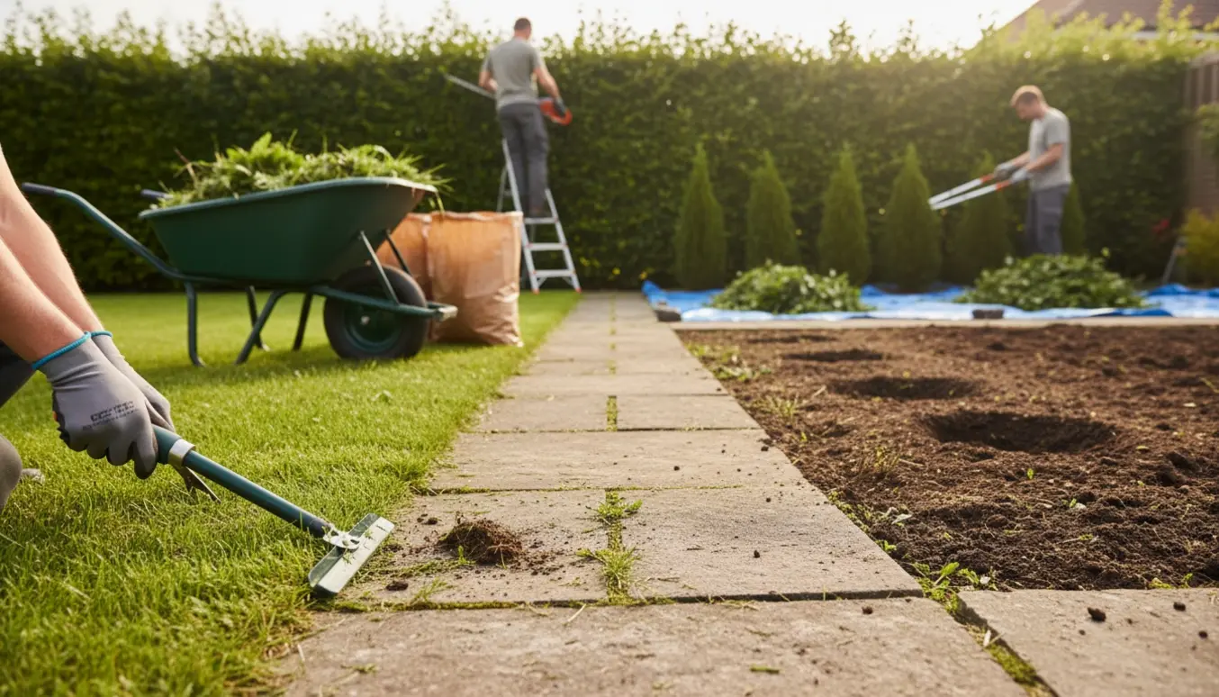 Havearbejde med kantklipning, beskæring af bøgehæk og fjernelse af ukrudt mellem fliser.
