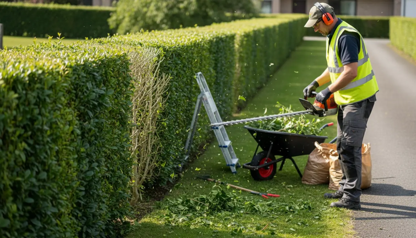 En havearbejder trimmer en lang hæk med motorhækkeklipper, mens klippeaffald samles i trillebør.