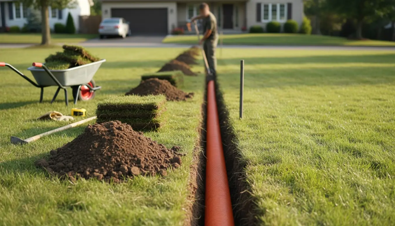 Lang, smal rende gravet i forplænen til nedlægning af ladekabel, med rør, skovl og jord i et solrigt villahave-miljø.