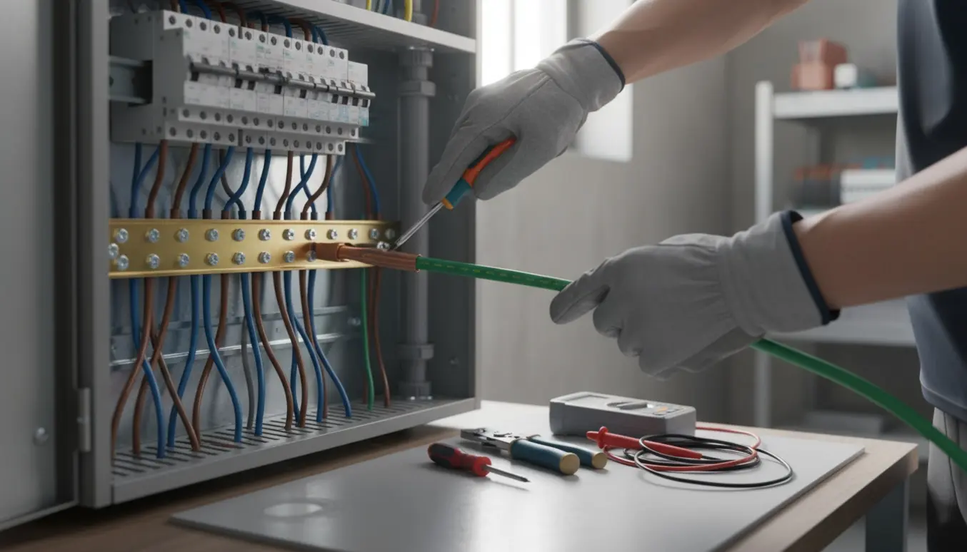 Nærbillede af isolerede hænder, der monterer en grøn-gul jordforbindelse i en åben eltavle.