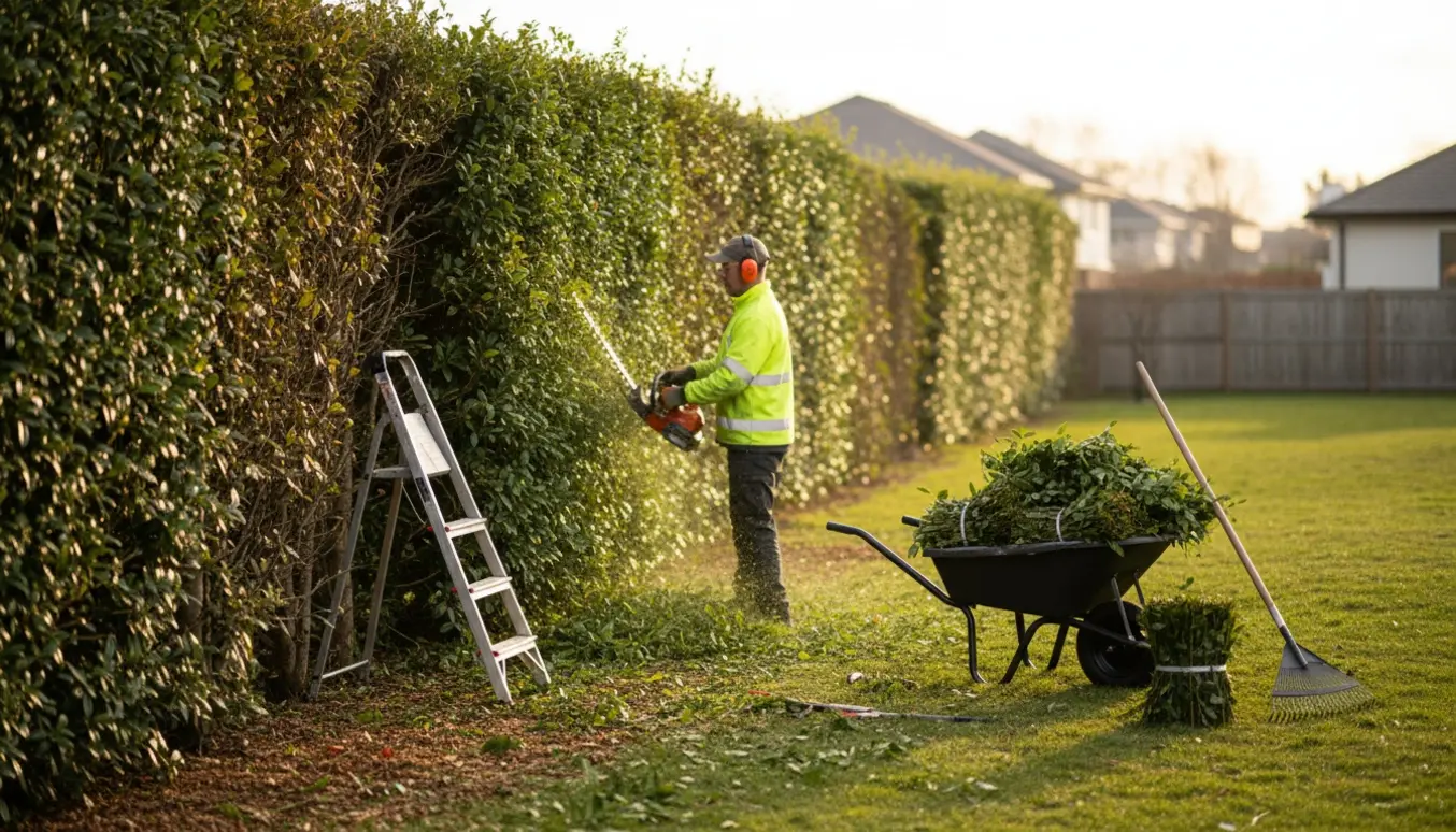 En to meter høj hæk trimmes, afklip samles i en trailer klar til bortkørsel.
