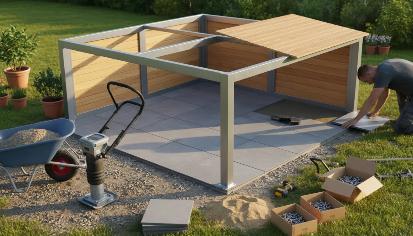 Modul-havepavillon på nylagt 5 m² fliseplads med værktøj og materialer omkring.