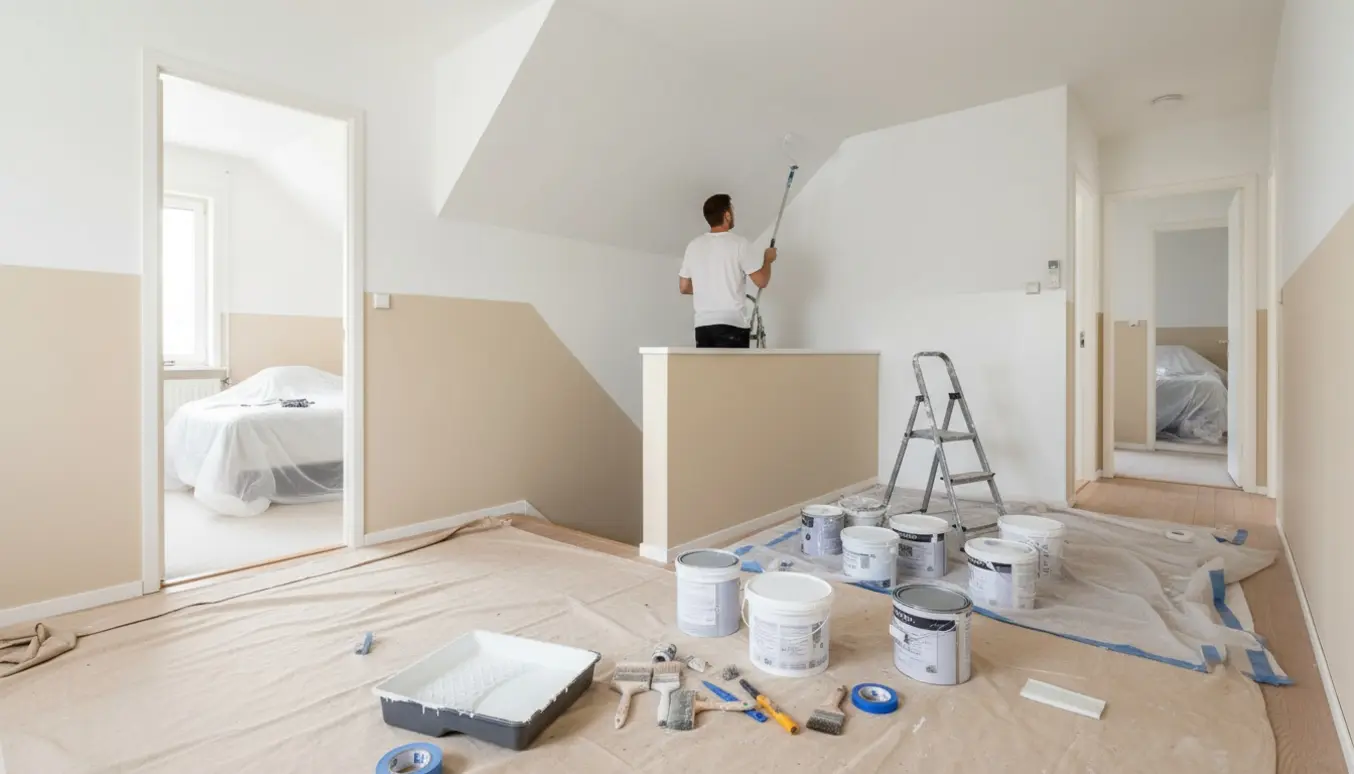 Indendørs malerarbejde i flere forbundne rum med skrå vægge, stige, malerbøtter og afdækning.