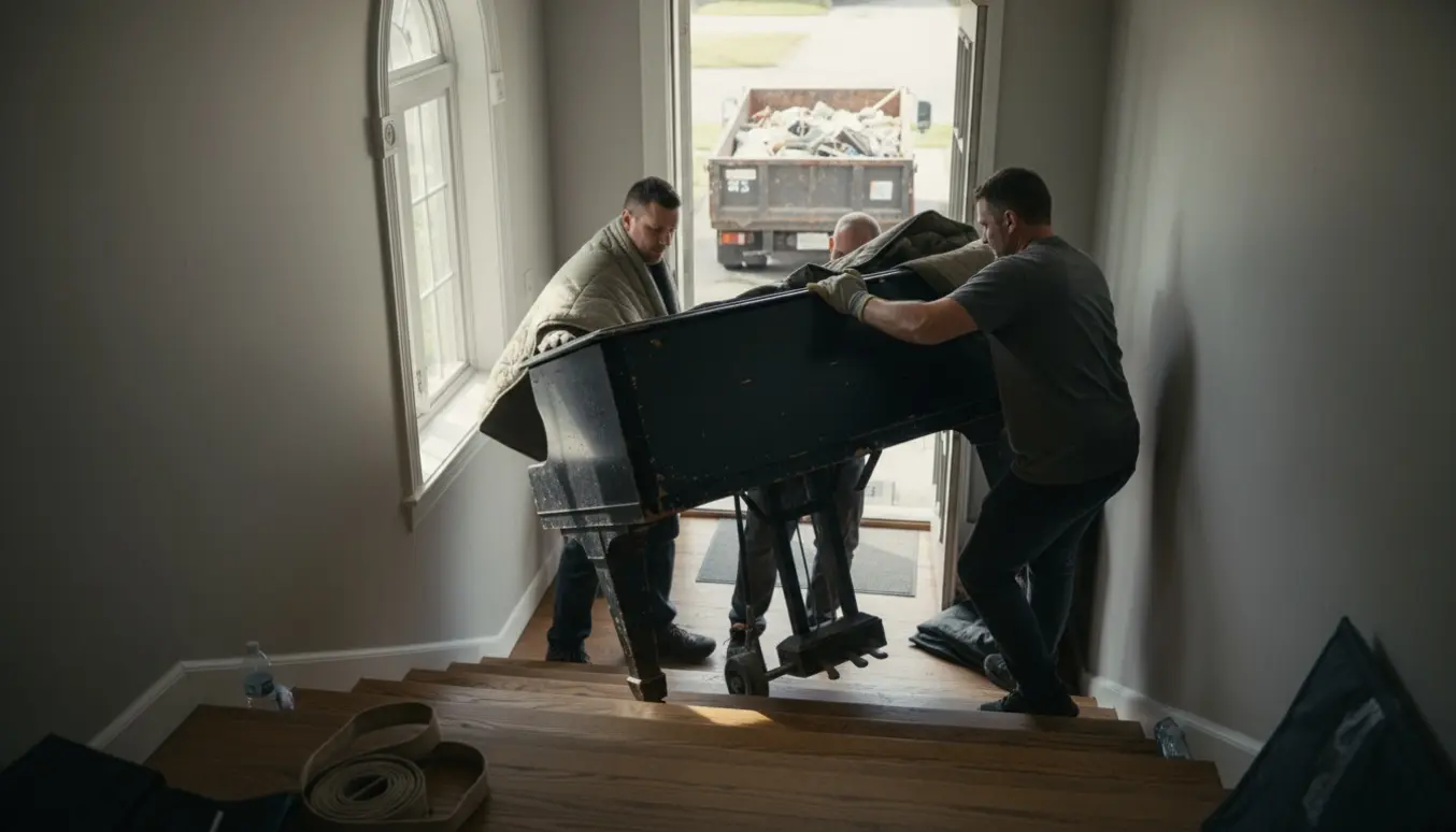 Et opretstående klaver bæres gennem en bred trappeopgang mod en skrotplads.